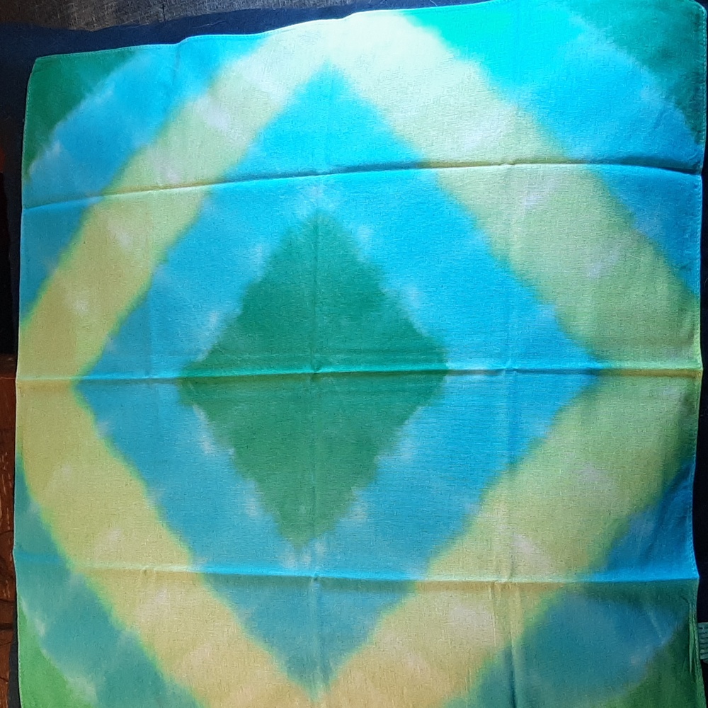 Hand Dyed Bandana. Blue, green, and yellow tie die bandana